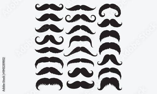 Mustache. Black silhouettes hipster mustache. Flat men whisker icons. Variation mustache styles, symbols, facial hair. Gentleman look. Barbershop elements