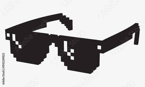 Pixel glasses. Thug life sunglasses meme, like a Boss. Comic 8 bit pixelated black gangster accessory icons. Cartoon 16 bit rapper eyeglasses