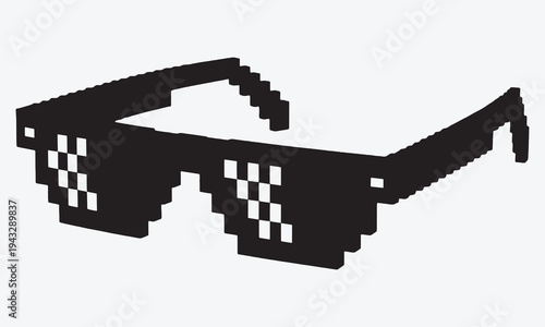 Pixel glasses. Thug life sunglasses meme, like a Boss. Comic 8 bit pixelated black gangster accessory icons. Cartoon 16 bit rapper eyeglasses