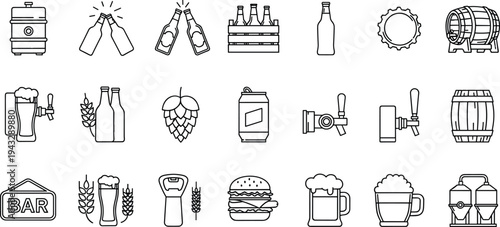 Beer Brewery Line Icon Set Brewing Equipment Bottle Keg Hop Mug Tap Barrel Craft Beer Bar Vector Outline Collection