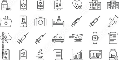 Medical Healthcare Line Icon Set Hospital Doctor Telemedicine Syringe Ambulance Heart Monitor Medicine Outline Vector Collection