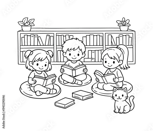 Children enjoying a library day, sitting on cushions and reading books, shelves filled with books and small plants around, a