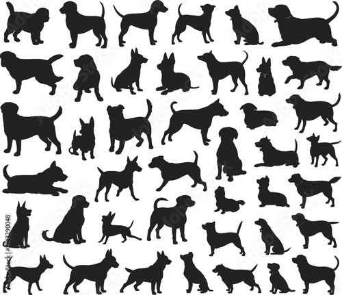 Extensive collection of black silhouette dog breeds in various poses and stances Keywords: dog, dogs, canine, puppy, silhouette