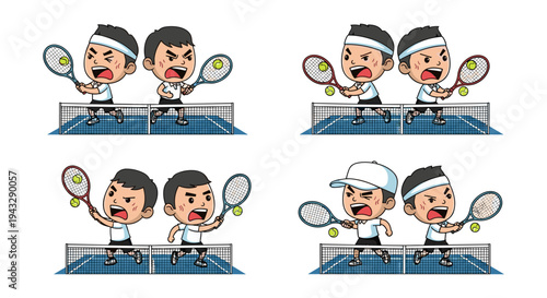Four cartoon illustrations of competitive tennis players in action on a blue court