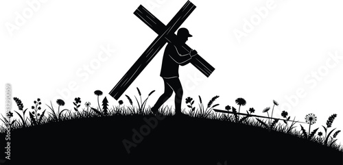 Jesus Carrying Cross Walking On Calvary Hill Silhouette Christian Faith Sacrifice Concept Biblical Gospel Scene Easter Religious Vector Illustration Background