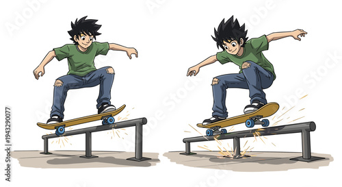 Animated boy performing skateboard grind trick on a metal rail with sparks flying