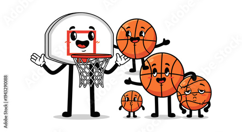 Cute cartoon basketball hoop and balls with happy faces and arms, isolated on white