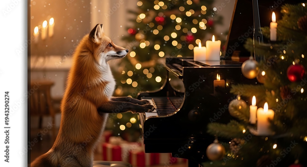 Obraz premium A festive scene anthropomorphic fox plays piano by lit Christmas tree, candles glow