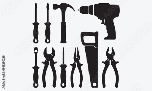 Repair tools. Black silhouette building tool. Basic construction working tool elements for setting service. Screwdriver, hammer, drill, saw, pliers signs. Vector