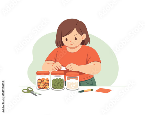 Small person labels containers on a counter, aligning jars neatly while hands apply small tags and tools rest nearby. | labeling