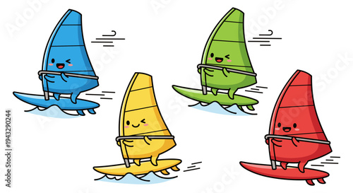 Cute cartoon windsurfing characters in blue, green, yellow, and red racing on water