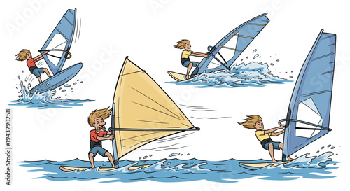Cartoon illustration of people windsurfing in the ocean with sails and boards