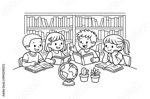 Children sitting at a library table, sharing books and stories, a globe and tiny potted plants nearby, shelves of books in the