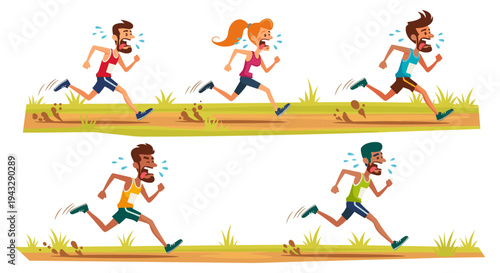 Diverse group of cartoon runners struggling and sweating during a race on a dirt track