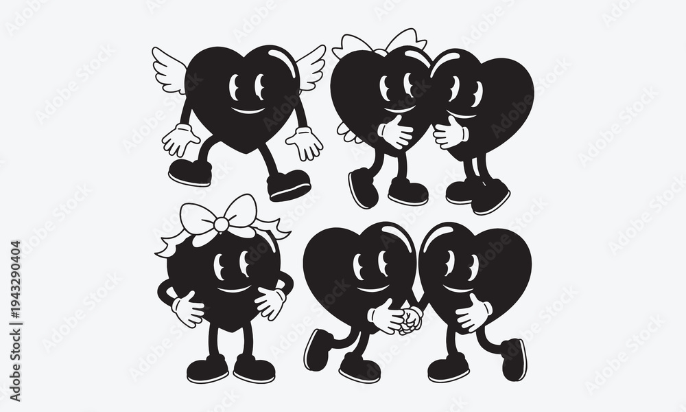 Obraz premium Retro mascot heart. Cartoon vintage romantic Valentines day sticker, groovy hearts with leg and hands