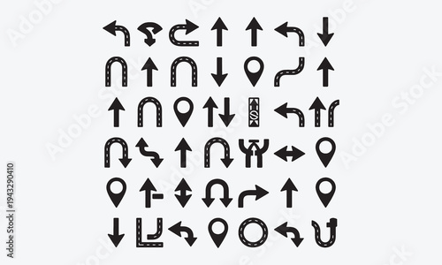 Road navigation arrows. Driving direction sign. Directional road mark, pathways, highway junctions, GPS navigation cursor icons