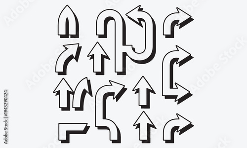 Road navigation arrows. Driving direction sign. Directional road mark, pathways, highway junctions, GPS navigation cursor icons