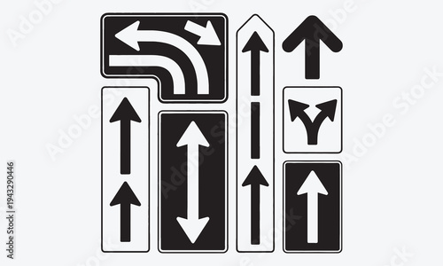Road navigation arrows. Driving direction sign. Directional road mark, pathways, highway junctions, GPS navigation cursor icons
