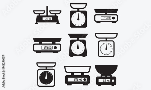 Scale weight icon. Simple kitchen scales. Black outline and silhouette pictogram kitchen food weight tools in different shapes. Kilograms