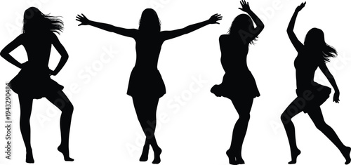Four Dynamic Female Dance Silhouettes in Various Poses on White Background people woman