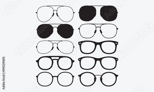 Sunglasses. Summer shading glasses icon, sun protection eyes. Black metal and plastic shape frame. Fashion woman and man accessory. Silhouette spectacles