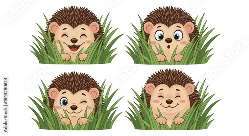 Four cute cartoon hedgehogs peeking out from behind green grass with different expressions