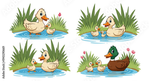 Cute cartoon ducks and ducklings swimming in a pond with reeds and flowers