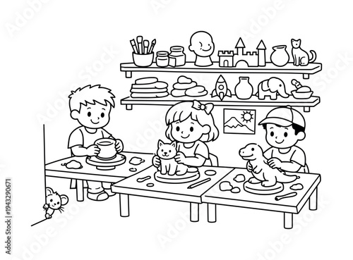 Kids Sculpting Fun. Art studio scene with kids sculpting clay on tables, shelves of supplies and finished artworks around, a tiny