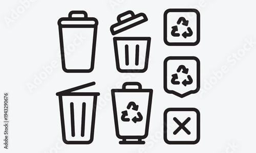 Trash icons. Garbage can symbols. Recycle bin, trash basket sign for delete, remove, clear action. Recycling waste icon