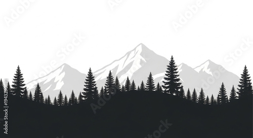 Silhouetted Forest with Snowy Mountains.