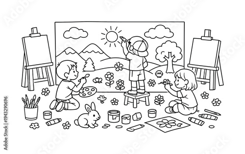 Children working on a group mural in an art studio, easels and brushes scattered, flowers and small decorations around, a tiny