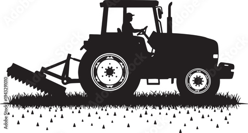 Black silhouette of a tractor mowing grass in a field also transparent background farming agriculture