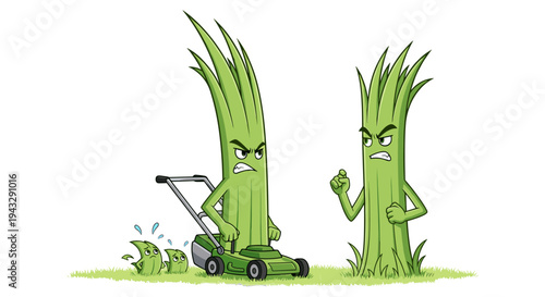 Angry grass characters with lawnmower and scared grass babies