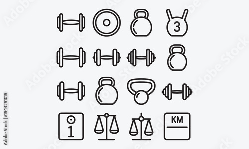 Weight icon. Simple kg mass symbols. Black flat line, silhouette heavy, strength fitness dumbbell, gym kettlebells
