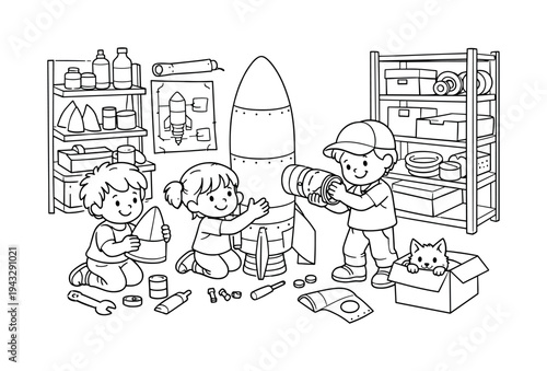 Kids Building Rocket. Rocket workshop scene with kids assembling rocket parts, shelves of materials and blueprints around, a tiny