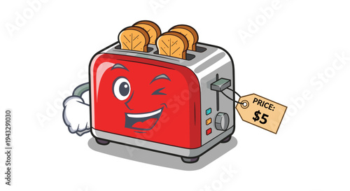 Winking cartoon toaster with a price tag of $5, ready for sale