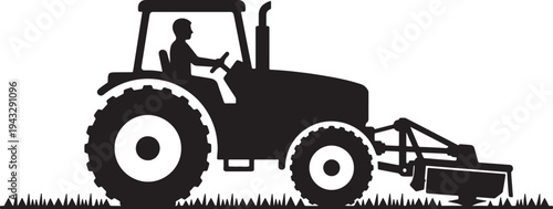 Black silhouette of tractor mowing grass with farmer driving also transparent background farming agriculture