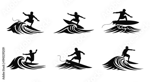 Collection of six black silhouette surfers riding waves in dynamic poses