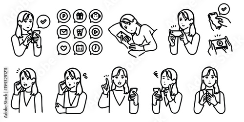 Woman using smartphone in various everyday situations vector illustration