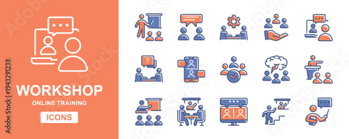 Workshop and online training icons depicting education presentation and learning