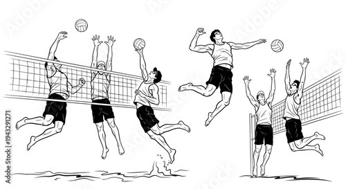 Dynamic illustration of beach volleyball players in action, jumping and spiking the ball over the net