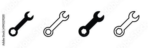 Wrench tool icons in black and white outline and solid versions