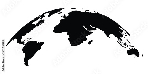 World map projection with curved shape showing continents on white background