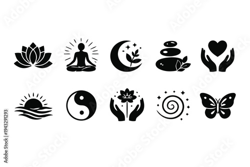Yoga and meditation icons representing inner peace harmony and spiritual well being