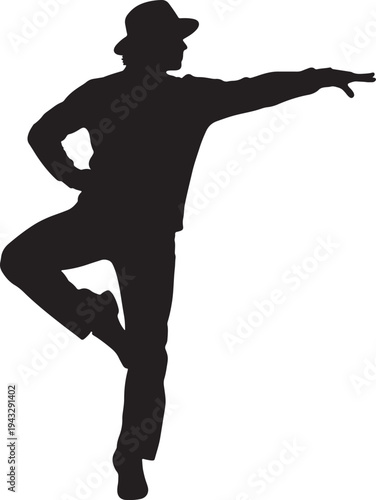 Silhouette of a person dancing with one leg raised and arm extended also transparent background pose