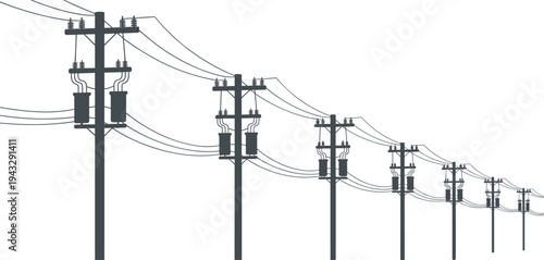 Row of electricity poles with transformers and wires receding into distance power lines utility