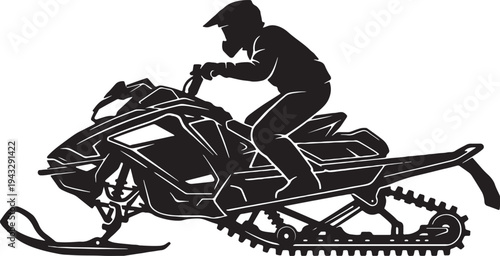 Silhouette of a person riding a detailed black snowmobile with visible tracks also transparent background