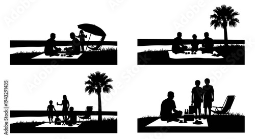 Silhouettes of families enjoying picnics on blankets with palm trees and beach chairs
