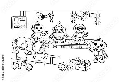 Robot factory scene with kids observing robots moving on a conveyor, gears, tools, and control panels around, a small robot