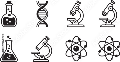 A set of vector line art silhouettes depicting science and laboratory equipment in a simple design